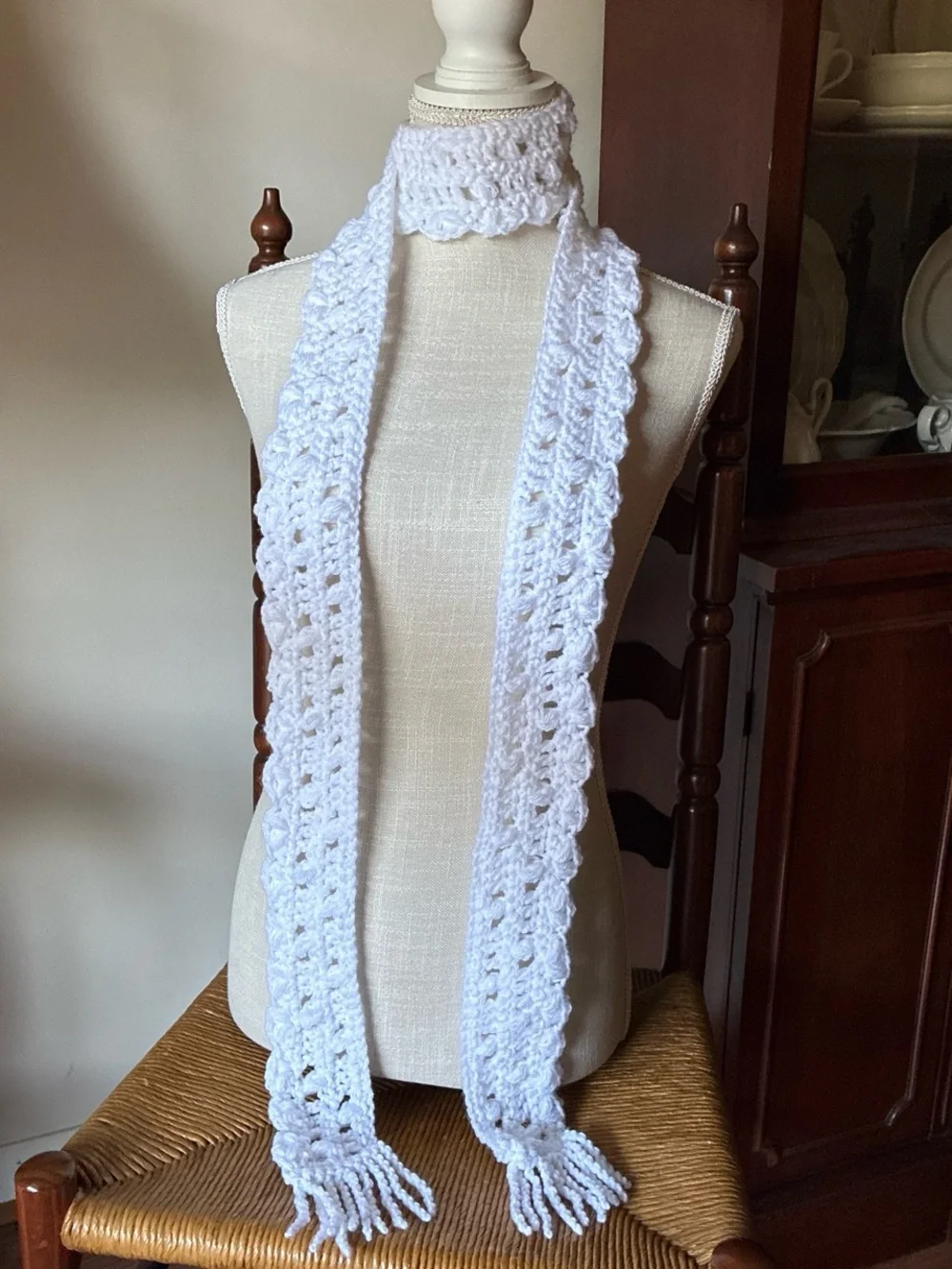 White Handmade Basketweave Eyelet Crochet Fringe Scarf - NEW